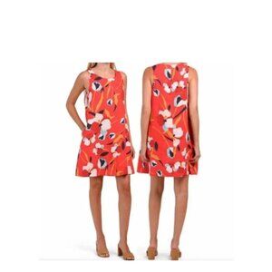 Sigrid Olsen Red Floral Print Linen Shift Dress 1X Tropical Pockets A-line